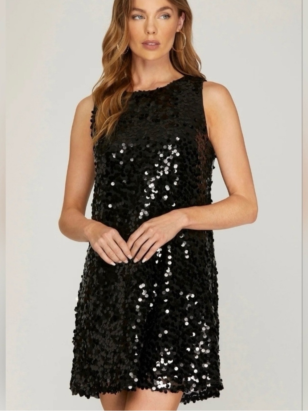 She + Sky Black Sequin Sleeveless Shift Mini Dress